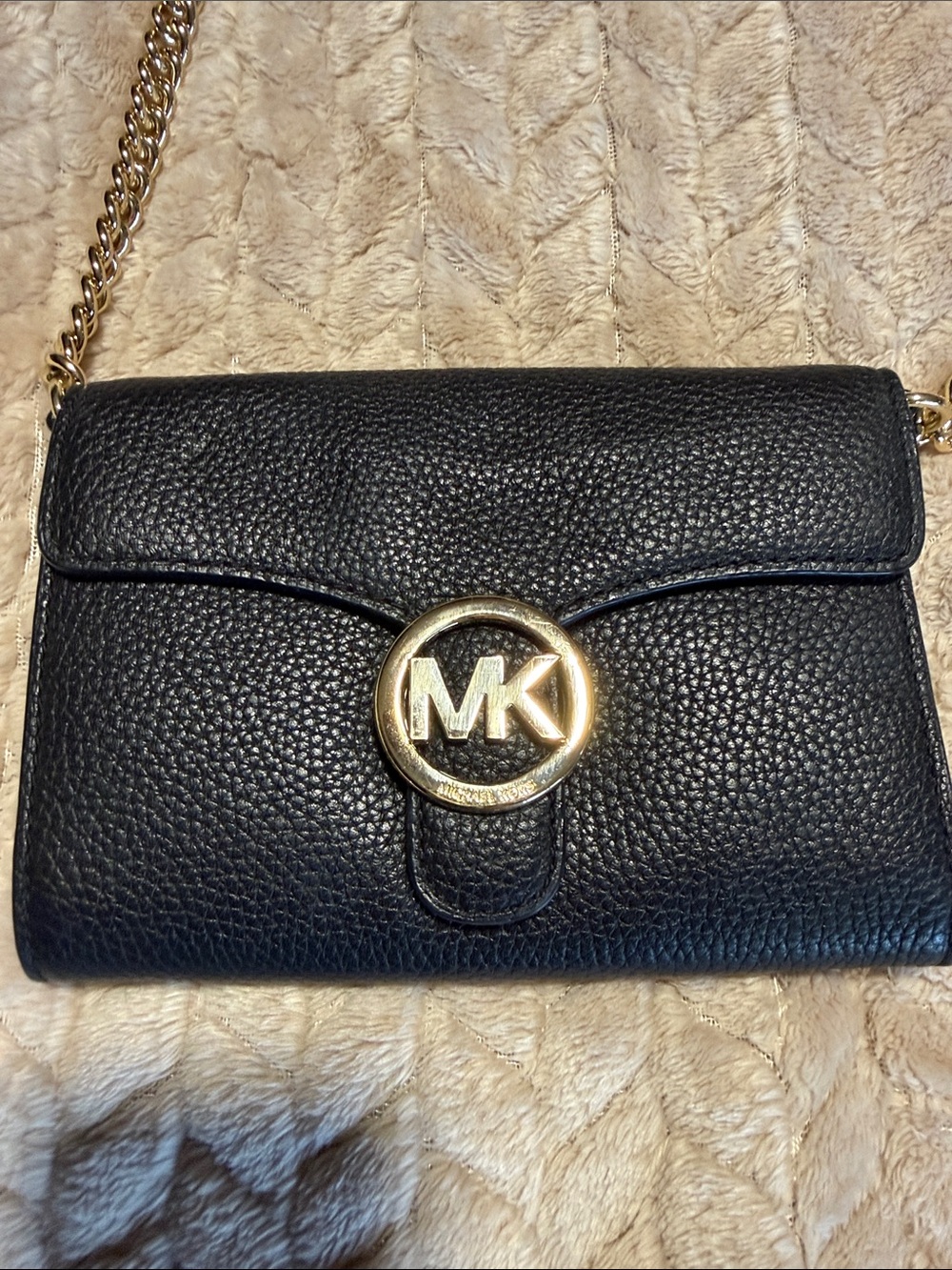Michael Kors Black Pebbled Leather Crossbody with Gold MK Logo